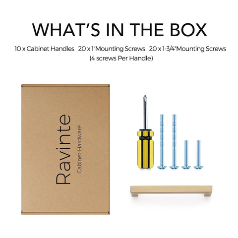 Box contents of Champagne Bronze Cabinet Handles 5 Inch Center to Center Stainless Steel Square Kitchen Drawer Pulls Set of 10 with screwdriver.