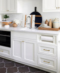 Sleek kitchen featuring Ten Pack Champagne Bronze Cabinet Handles Five Inch Length 128mm Screw Spacing Zinc Alloy on white cabinets.