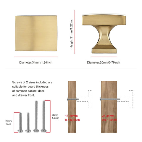 Dimensions and installation guide for Champagne Bronze 10 Pack Cabinet Knobs Single Hole Drawer Pulls to show size and included screws.