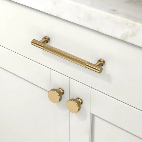 Champagne Bronze Cabinet Knobs 10 Pack Size 1-1/5 Inch 30mm Classic Kitchen Drawer Pulls on white cabinets