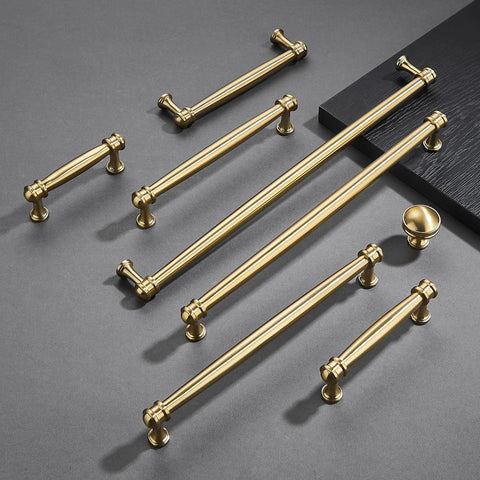 Champagne Bronze Cabinet Knobs Set of Ten, One and One Quarter Inch Round Zinc Alloy Drawer Knobs for Cabinet with matching handles shown.
