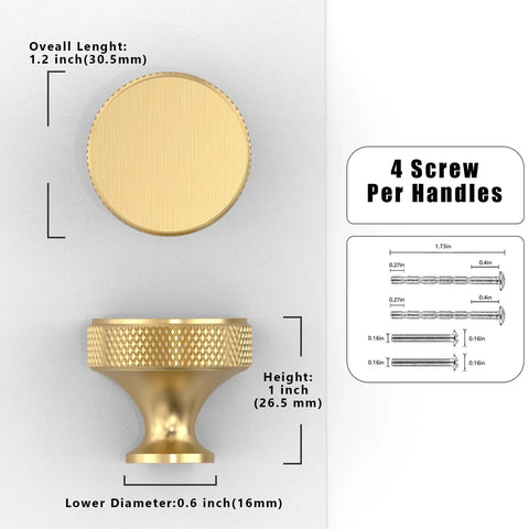 Diagram of Champagne Bronze Cabinet Knobs 10 Pack Size 1-1/5 Inch 30mm Classic Kitchen Drawer Pulls dimensions and screws included