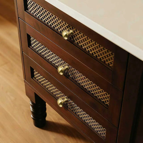 Champagne Bronze Cabinet Knobs Set of Ten, One and One Quarter Inch Round Zinc Alloy Drawer Knobs on dark wood dresser