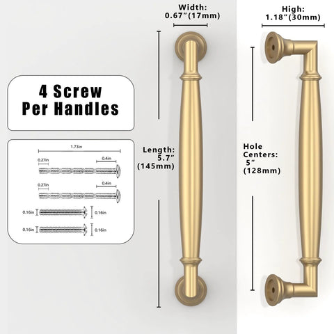 Champagne Bronze Cabinet Pulls 5 Inch 128mm 10 Pack for Kitchen Cabinets and Drawers with dimensions and screw details.