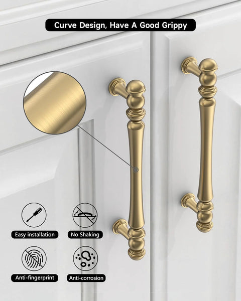 Side view of champagne bronze cabinet pulls installed on white cabinetry, highlighting the curve design and anti-fingerprint finish.