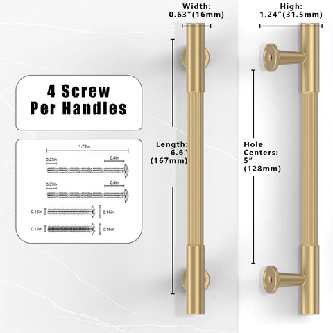 Diagram of 10 Pack Champagne Bronze Cabinet Pulls 5 Inch 128mm Honey Bronze Kitchen Cabinet Handles with dimensions and screw details