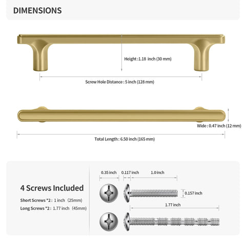 Dimensions of Champagne Bronze Modern Cabinet Pulls 3 Pack 6.5 Inch Total Length 5 Inch Center Bar Pulls with screws included