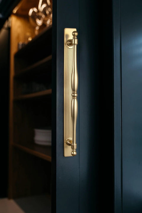 Champagne Bronze Cabinet Pulls With Backplates Modern Zinc Alloy Drawer Handles For Kitchen And Bedroom installed on black cabinet