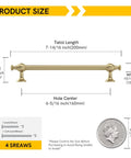 Product dimensions of a champagne bronze cabinet handle showing length, height, width, and hole center measurements with coin for scale.