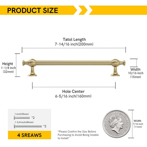 Product dimensions of a champagne bronze cabinet handle showing length, height, width, and hole center measurements with coin for scale.