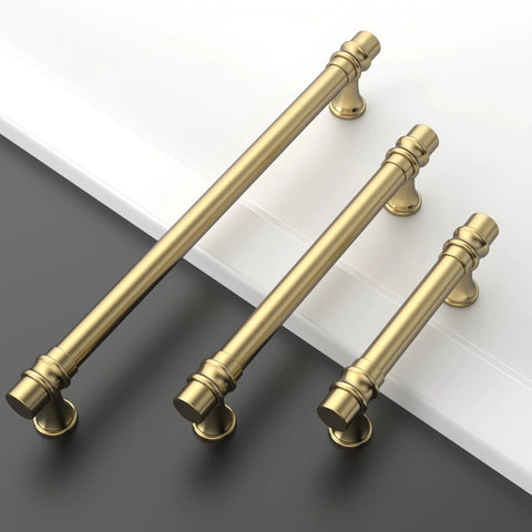 Three champagne bronze cabinet pulls on white and black background, showcasing zinc alloy hardware for kitchen cabinets and drawers.