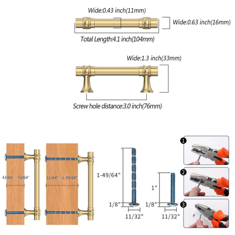 Dimensions and installation guide for Champagne Bronze Cabinet Pulls 10 Pack 3 Inch Hole Center Zinc Alloy Handles
