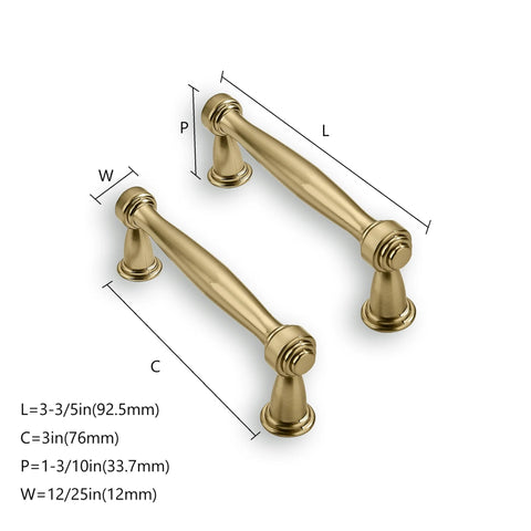 Solid Zinc Alloy Heavy Duty Cabinet Pulls 10 Pack 3 Inch Center Hole Champagne Bronze with dimensions for kitchen cabinets and vanities.
