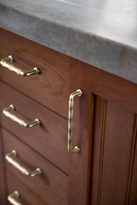 Champagne Bronze Cabinet Pulls 3 Inch Twisted Wave Design Set of 6 Zinc Alloy Drawer Handles on wood cabinet