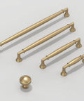Set of champagne bronze cabinet pulls and knobs in various sizes, highlighting the 5-inch 128mm pulls, 10 pack for kitchen cabinets and drawers.