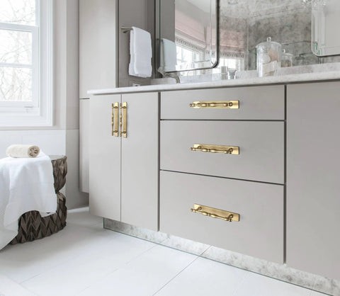 Champagne Bronze Cabinet Pulls With Backplates Modern Zinc Alloy Drawer Handles for Kitchen and Bedroom installed on gray cabinets.