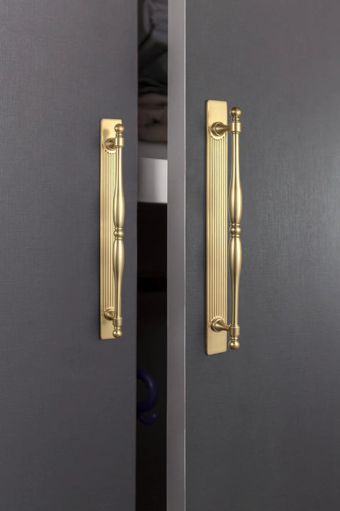 Champagne Bronze Cabinet Pulls With Backplates 7.56 Inch Center to Center Spacing on dark cabinet doors