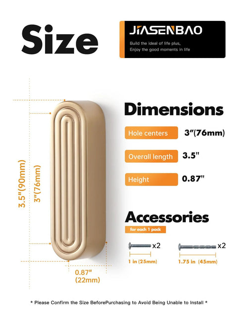 Champagne Bronze Cabinet Pulls 3 Inch Hole Center with size chart and dimensions; 3.5” length, 0.87” height, includes screws.