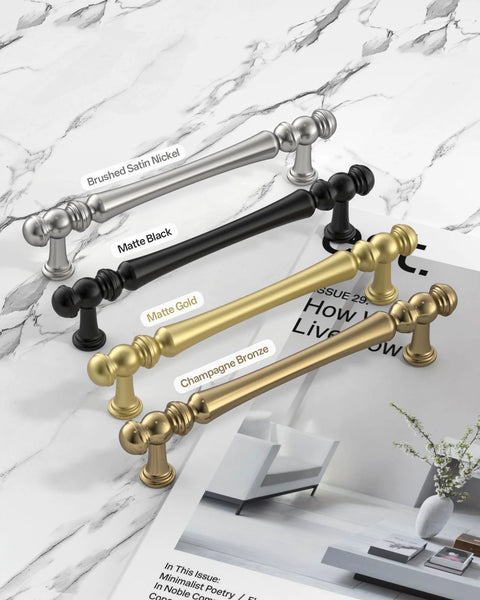 Champagne Bronze Cabinet Pulls 10 Pack 5 Inch Center To Center 128 Mm alongside nickel, black, gold drawer handles on marble surface