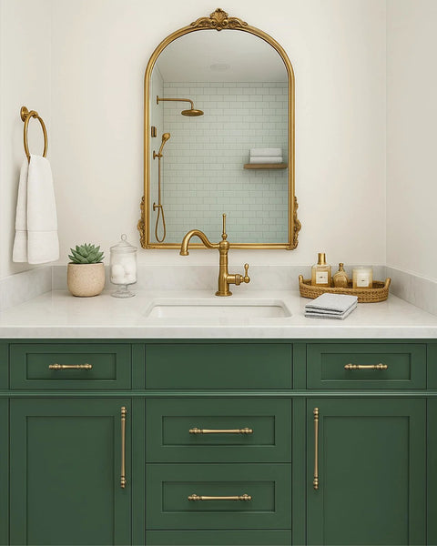 Bathroom vanity with green cabinets featuring Champagne Bronze Cabinet Pulls 10 Pack 5 Inch Center To Center 128 Mm Heavy Duty Brushed Bronze Drawer Handles.