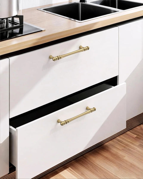 Champagne Bronze Cabinet Pulls 10 Pack 5 Inch Center To Center 128 Mm Heavy Duty Brushed Bronze Drawer Handles installed on white cabinets