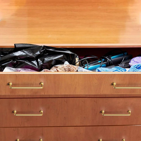 Set Of 6 5 Inch Center To Center SleekTouch Champagne Bronze Cabinet Pulls installed on wooden drawers.