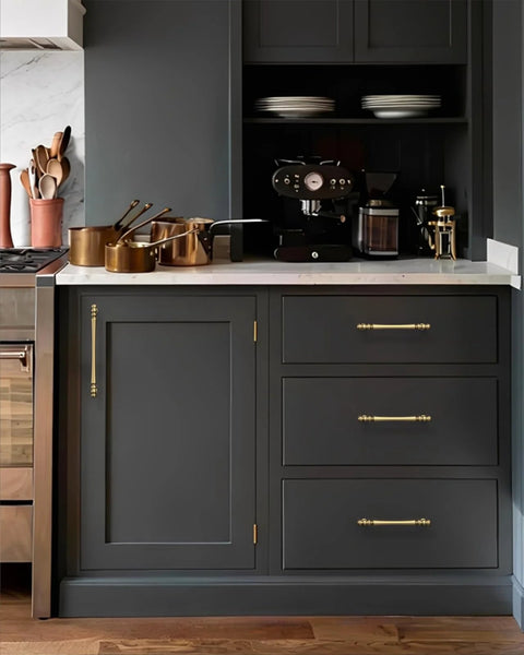 Dark kitchen cabinets with Champagne Bronze Cabinet Pulls 10 Pack 5 Inch Center To Center 128 Mm Brushed Bronze Handles installed.