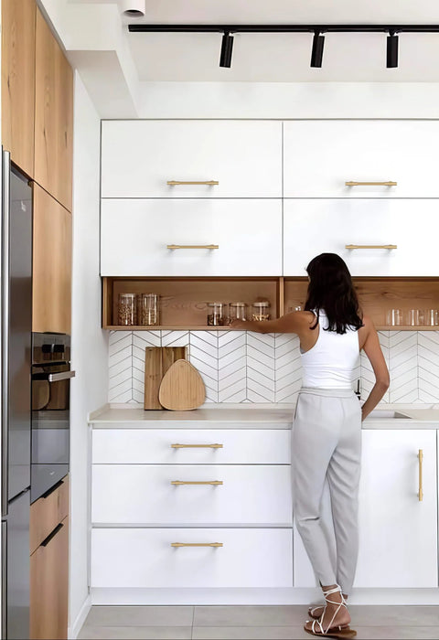 Modern kitchen with 10 Pack Champagne Bronze Cabinet Pulls 5 Inch 128mm Honey Bronze Kitchen Cabinet Handles installed on white cabinets.