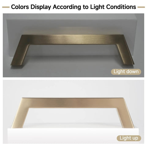 30 Pack 5 Inch Champagne Bronze Cabinet Handles Modern Square Gold Cabinet Pulls under different lighting conditions.