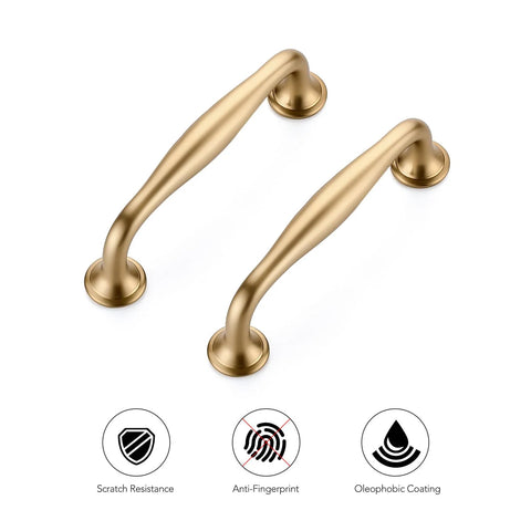 20 Pack 3-3/4 Inch Champagne Bronze Kitchen Cabinet Handles, Solid Zinc Alloy Cabinet Pulls For Cupboards And Drawers, shown with scratch resistance feature icons.