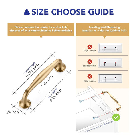 Size guide for 20 Pack 3-3/4 Inch Champagne Bronze Kitchen Cabinet Handles, showing measurements and installation instructions.
