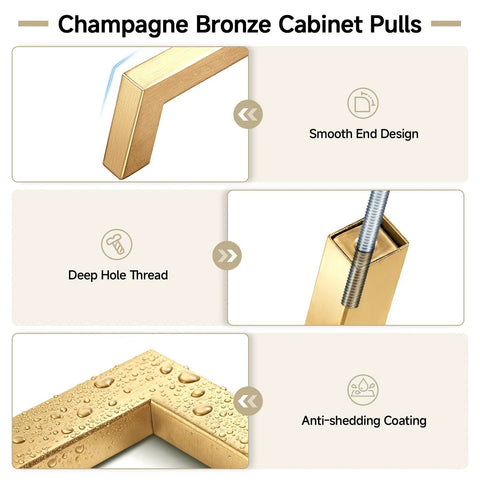 30 Pack 5 Inch Champagne Bronze Cabinet Handles Modern Square Gold Cabinet Pulls showing smooth design, deep thread, and anti-shedding coating.