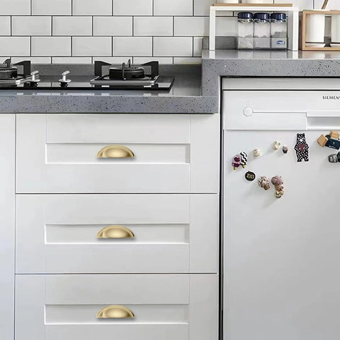 10 Pack 3 Inch Champagne Bronze Cup Drawer Pulls for cabinets and furniture installed on modern kitchen cabinets
