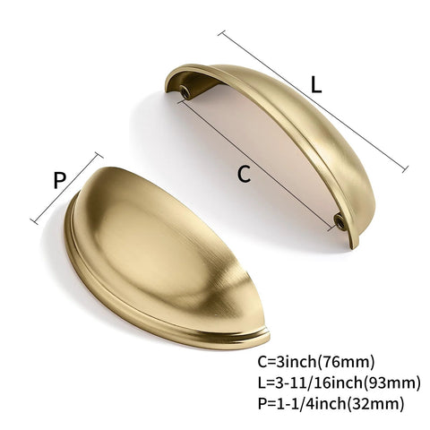 Top view of 10 Pack 3 Inch Champagne Bronze Cup Drawer Pulls for Cabinets and Furniture, durable solid metal kitchen hardware with measurements.