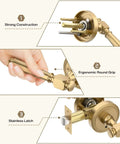 Champagne Bronze Privacy Door Handles For Interior Doors with keyless push button lock, ergonomic round grip, strong construction, stainless latch.
