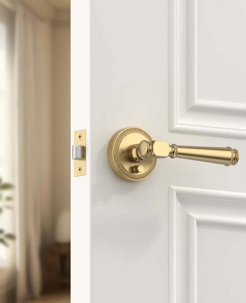 Champagne Bronze Privacy Door Handles For Interior Doors, Heavy Duty Door Levers Built To Last For Bedroom And Bathroom, installed on door