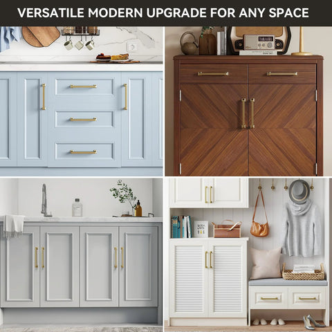 Champagne Bronze Cabinet Pulls 10 Pack 5 1 16 Inch Solid Zinc Alloy Modern Square Drawer Handles installed on cabinetry.
