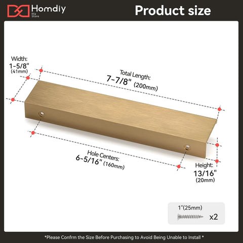 Size guide of 25 Pack Six And A Quarter Inch Champagne Bronze Edge Finger Pull Cabinet Handles with dimensions