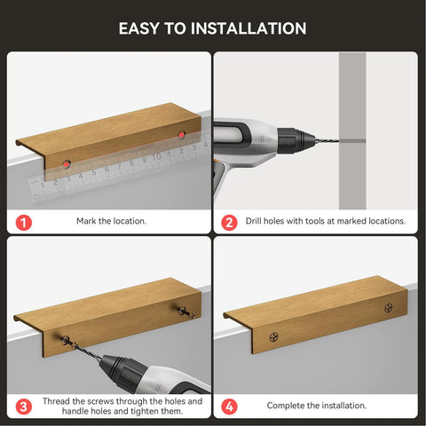 Installation steps for 25 Pack Six And A Quarter Inch Champagne Bronze Edge Finger Pull Cabinet Handles, showing marking, drilling, and securing.