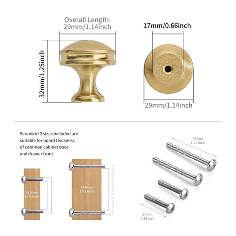 Measurement details of Champagne Bronze Cabinet Knobs Set of Ten, One and One Quarter Inch Round Zinc Alloy Drawer Knobs