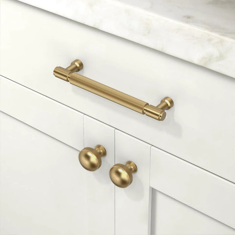 10 Pack Champagne Bronze Knurled Cabinet Pulls, 5 Inch 128mm, installed on a white kitchen drawer, modern cabinet handles