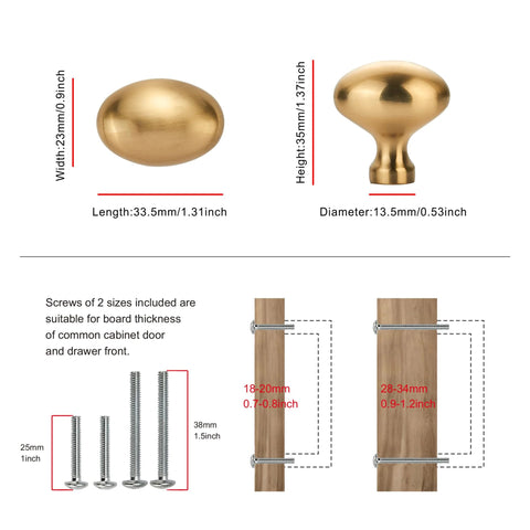 Diagram showcasing Champagne Bronze Oval Cabinet Knobs 10 Pack Single Hole Cabinet Pulls with dimensions and screw sizes.