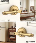 Champagne Bronze Privacy Door Handles For Interior Doors shown installed in bedroom and bathroom, reversible design, keyless push button lock.