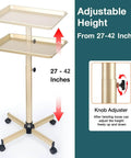Champagne Gold Salon Rolling Tray On Wheels, Adjustable Height Service Cart For Salons Tattoo Studios And Dental Offices
