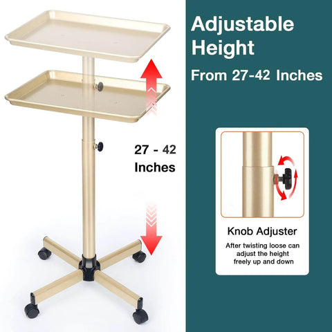 Champagne Gold Salon Rolling Tray On Wheels, Adjustable Height Service Cart For Salons Tattoo Studios And Dental Offices