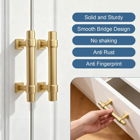 10 Pack 2.5 Inch Gold Cabinet Drawer Pulls Champagne Gold Modern Handles shown on white cabinets with hand reaching for handle