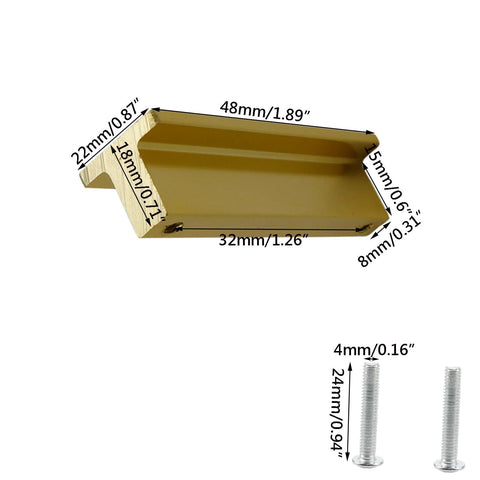 Diagram showing dimensions of Champagne Gold 10 Pack Drawer Pulls, 2 Inch T Shaped Cabinet Knobs, with mounting screws, solid aluminum alloy construction.