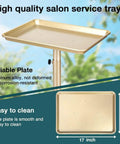 Champagne Gold Salon Rolling Tray On Wheels, Adjustable Height Service Cart For Salons Tattoo Studios And Dental Offices, Rust Resistant Metal Tray With Quiet Swivel Castors And Easy Quick Assembly showing tray dimensions 17x12 inches