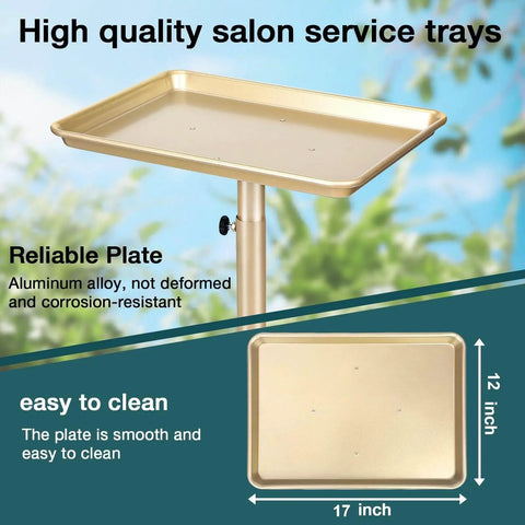Champagne Gold Salon Rolling Tray On Wheels, Adjustable Height Service Cart For Salons Tattoo Studios And Dental Offices, Rust Resistant Metal Tray With Quiet Swivel Castors And Easy Quick Assembly showing tray dimensions 17x12 inches