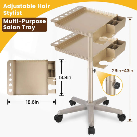 Champagne Gold Pro Grade Hair Salon Cart With Wheels Multi Function Salon Tray Station Height Adjustable From 26 To 43 Inches Large Capacity Tool Holder